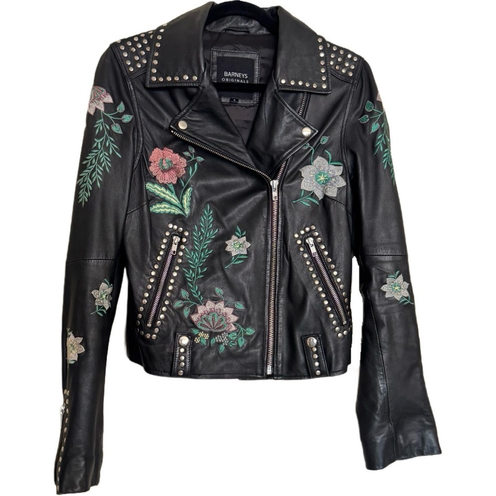 Barneys New York Black Leather Studded Floral Moto Jacket